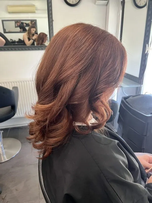 Auburn shoulder length blow dry with curled ends, Harvey's Hairdressers Luton