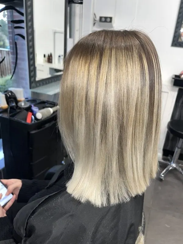 Blonde balayage blunt lob cut at Harvey's Hairdressers, Luton