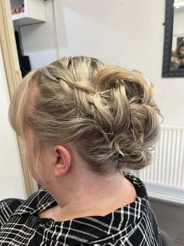 Blonde curled up-do with plait detail, Harvey's Hairdressers Luton